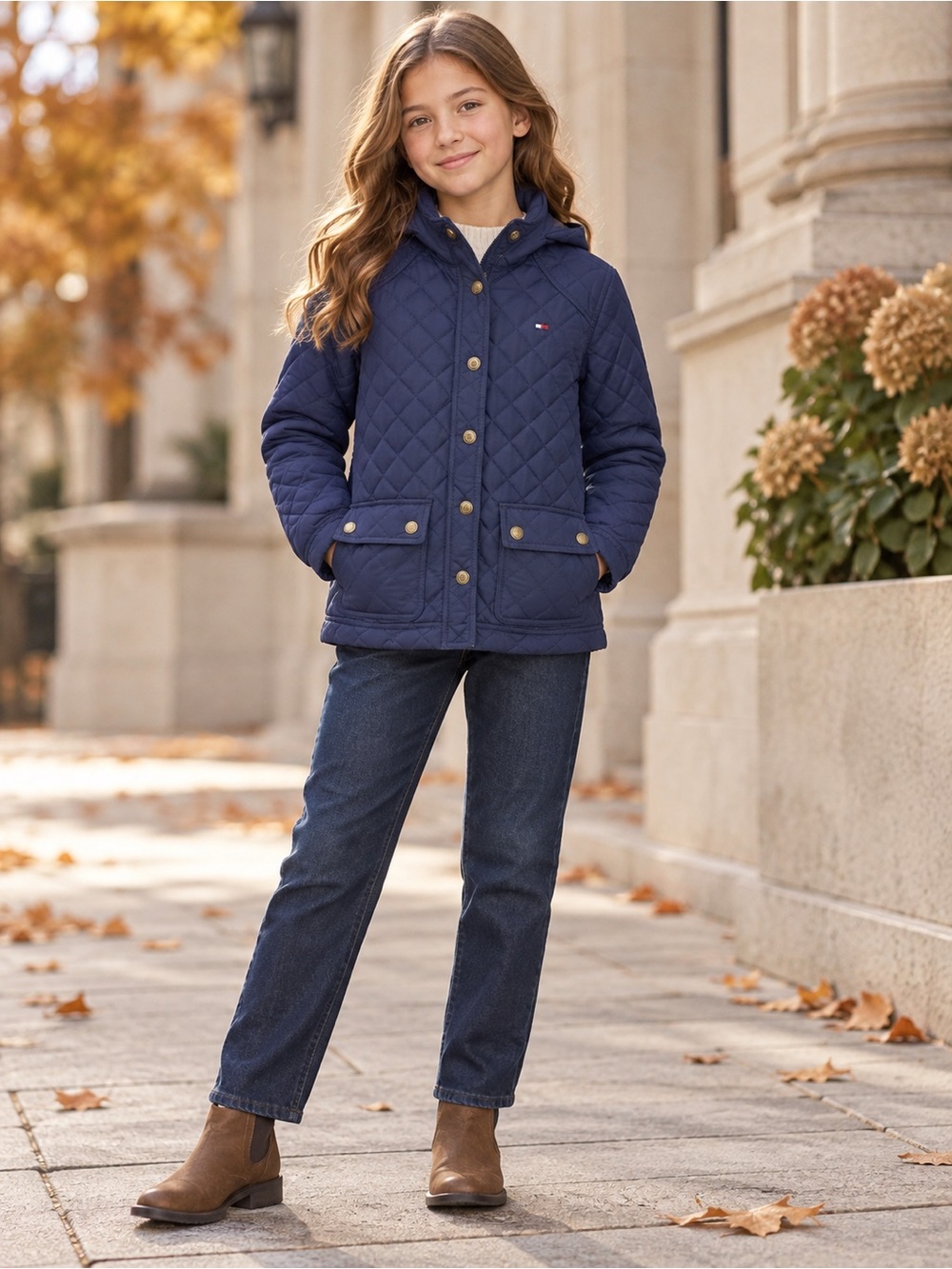 Tommy Hilfiger Girls Navy Quilted Hooded Jacket Size M 8-10